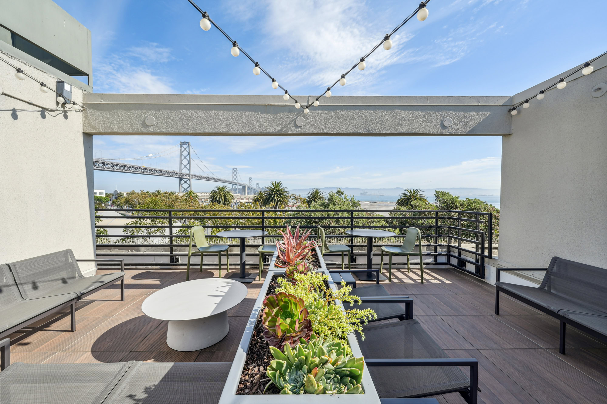 A rooftop deck with ample seating space, dining tables, succulents and fairy lights at Bayside Village apartments in San Francisco