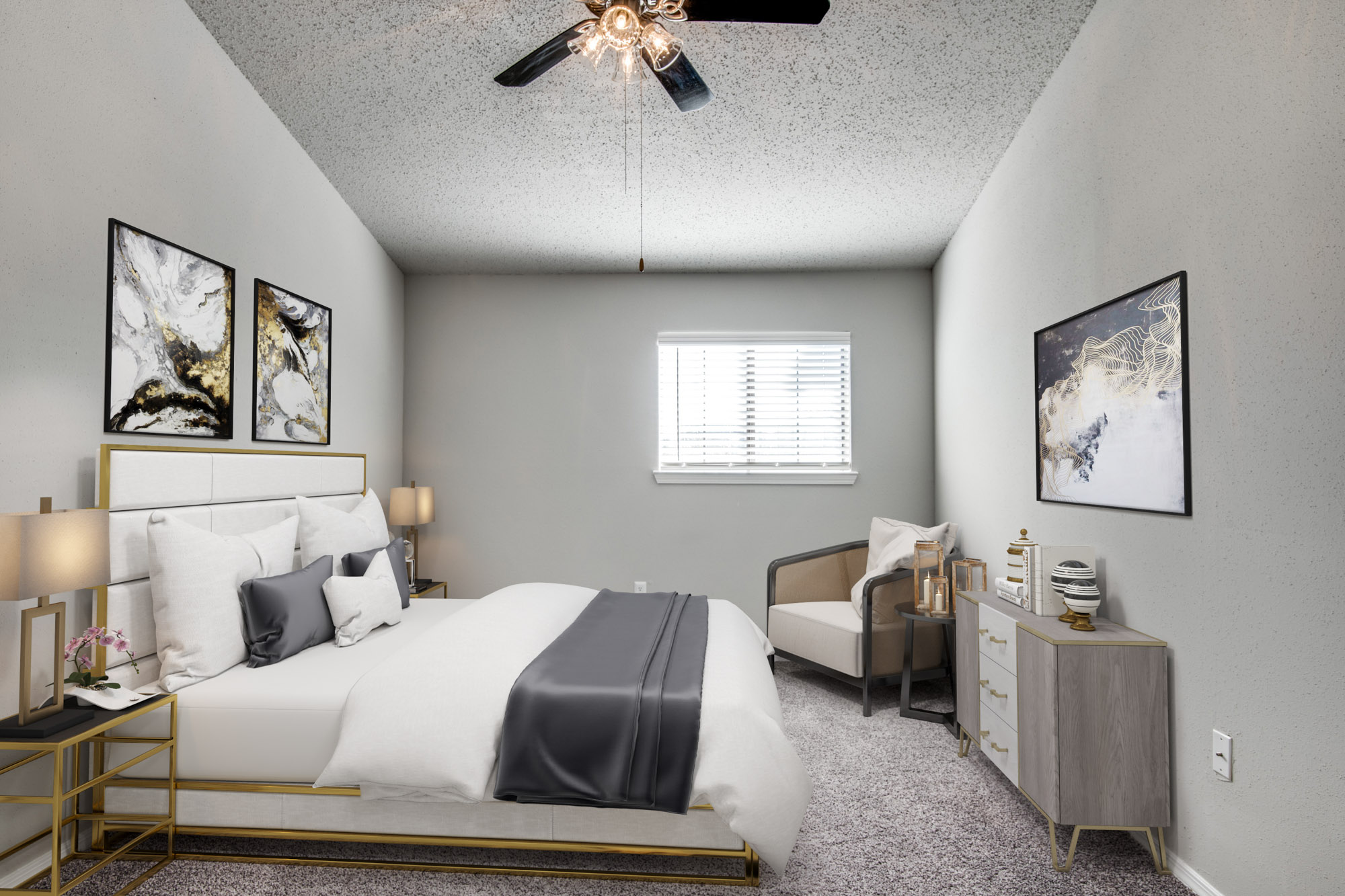 The bedroom in an apartment at The Arbors of Las Colinas near Dallas, Texas.