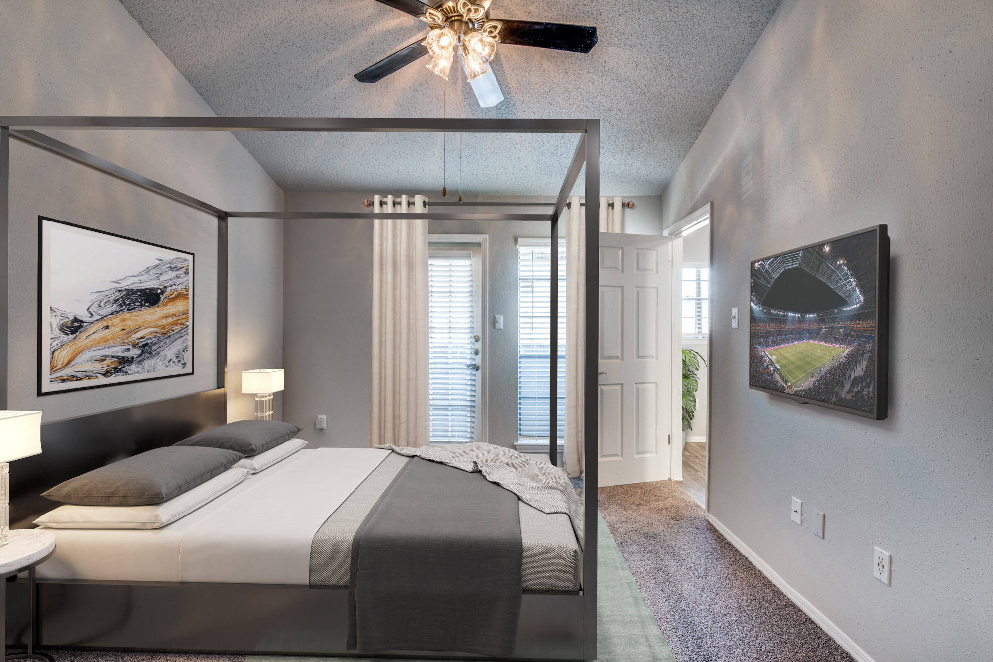 The bedroom in an apartment at The Arbors of Las Colinas near Dallas, Texas.