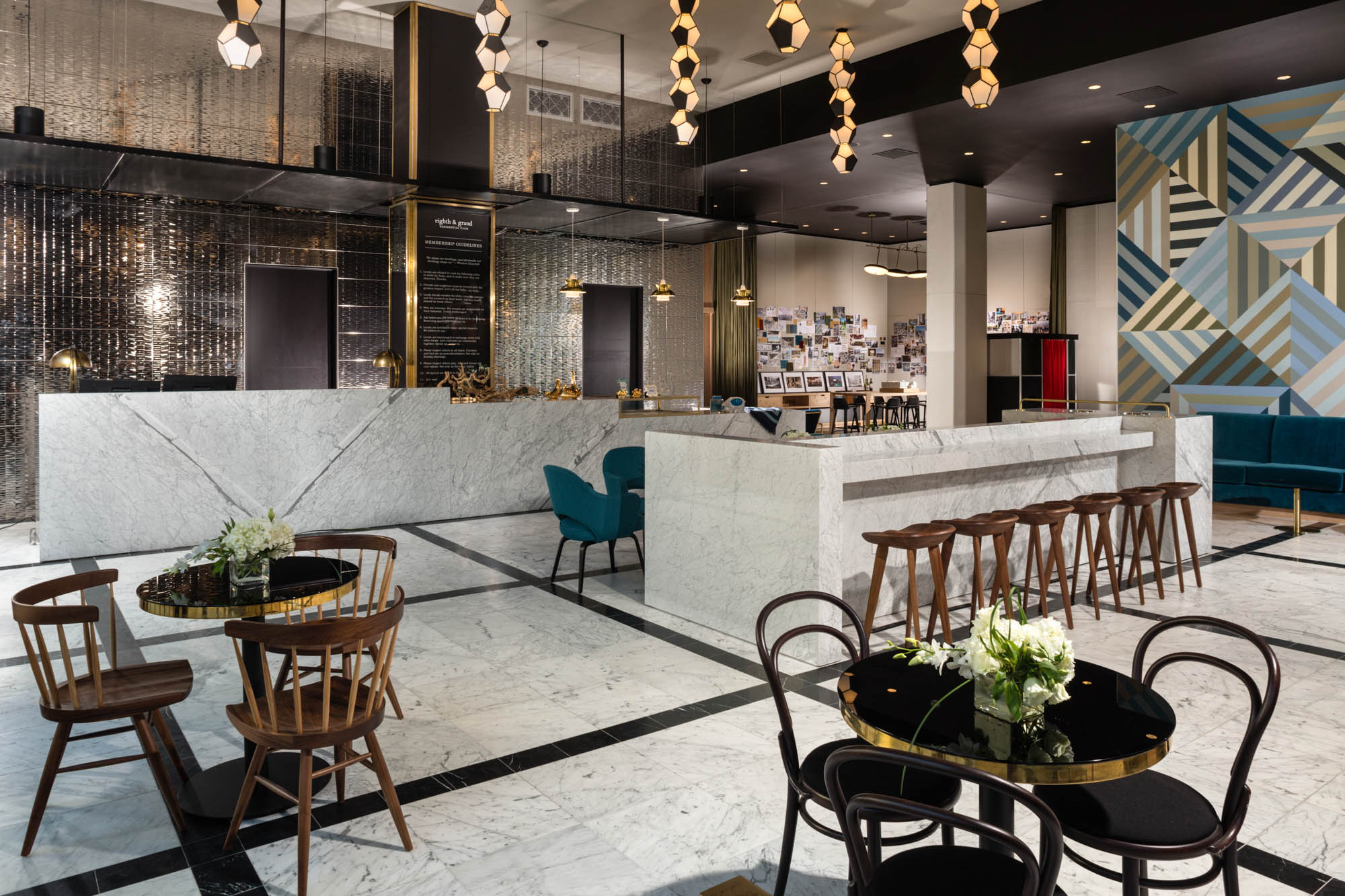 The 8th and Grands luxurious lobby area with various seating options in Downtown LA