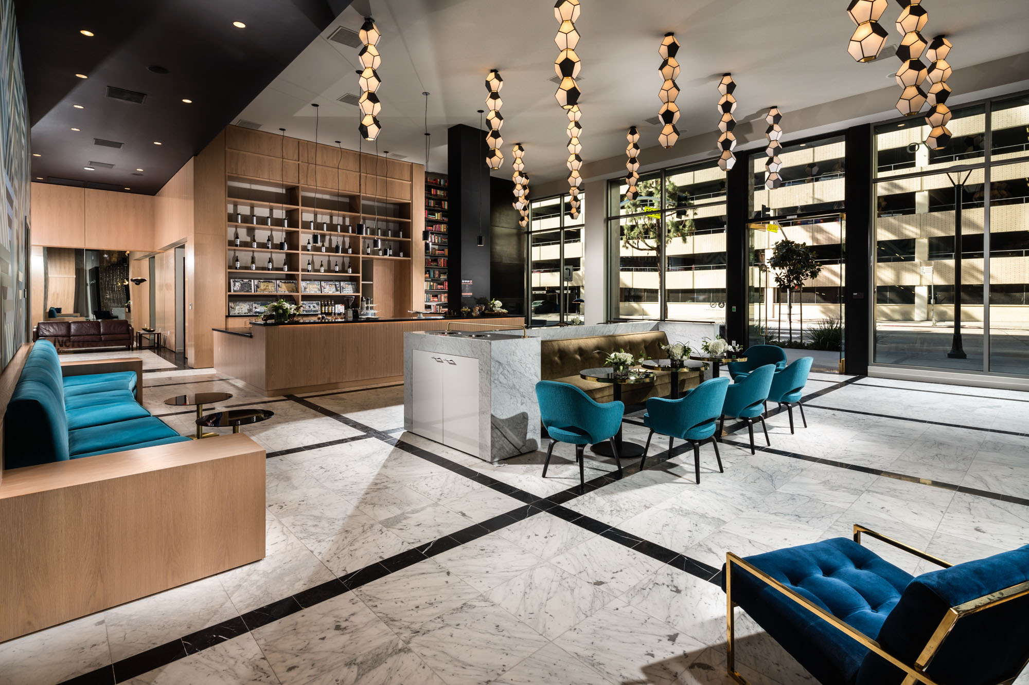 The 8th and Grands luxurious lobby area with various seating options in Downtown LA