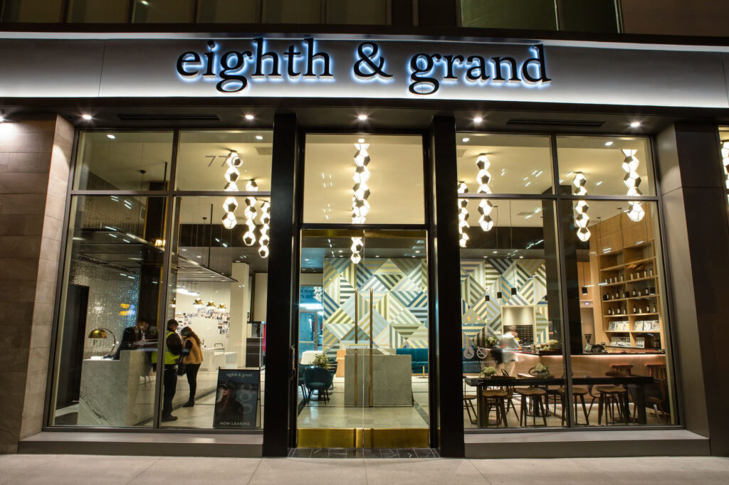 The front door of 8th and Grands in downtown los angeles luxury aprtment