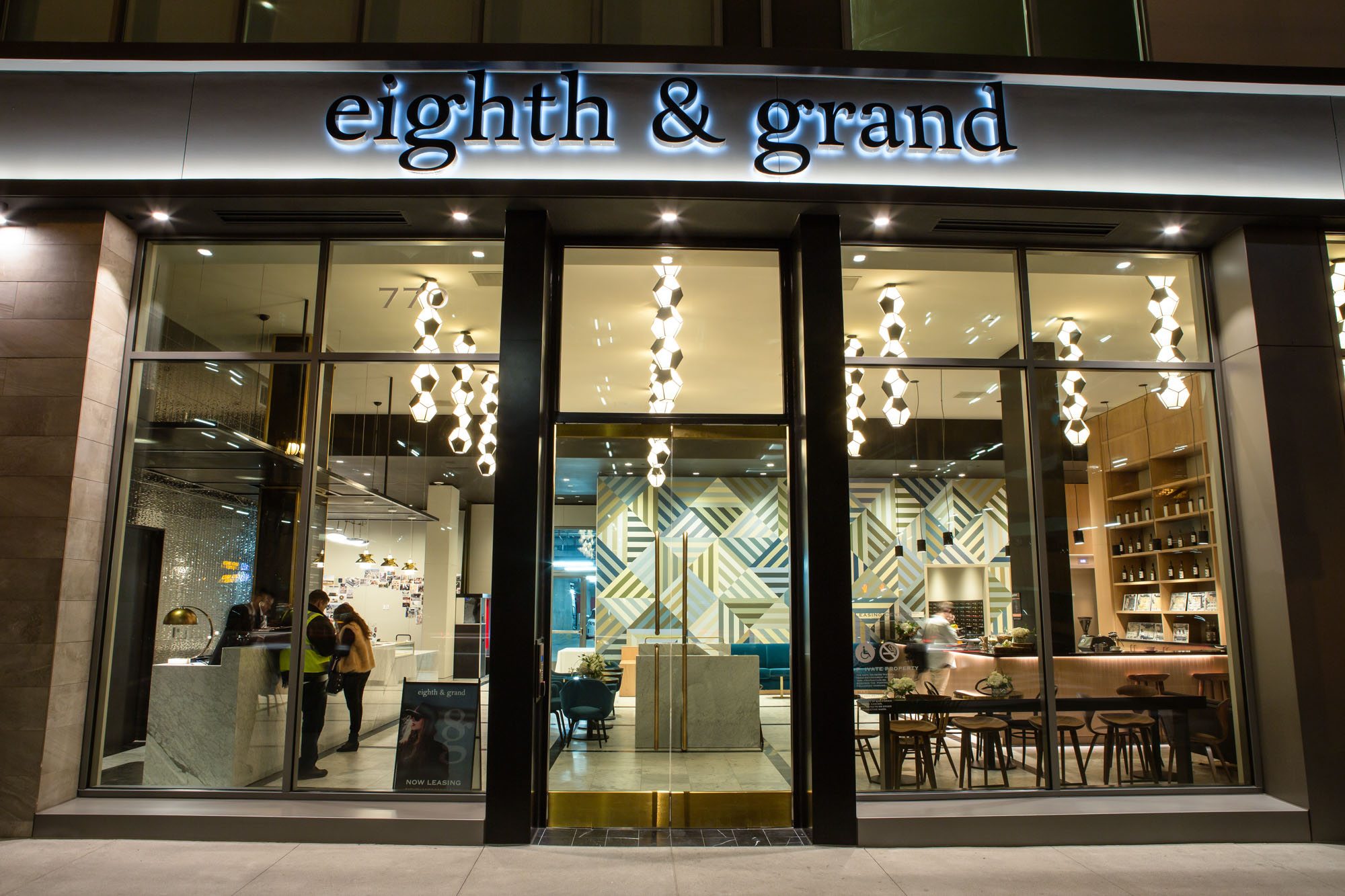 The front door of 8th and Grands in downtown los angeles luxury aprtment