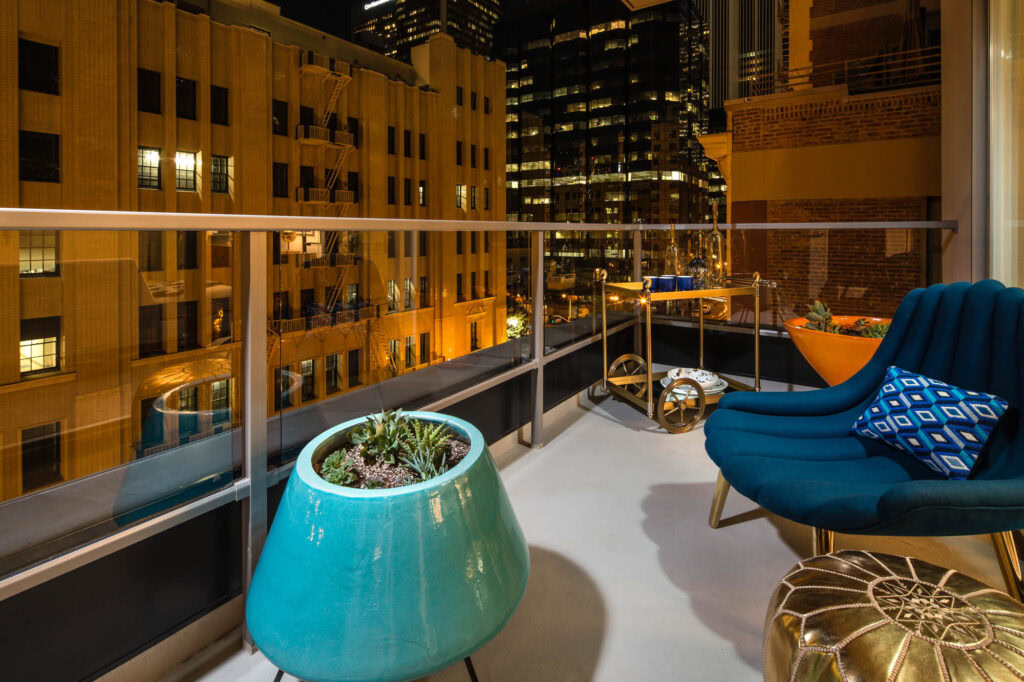 A spacious balcony at 8th and Grand luxury apartments in downtown LA