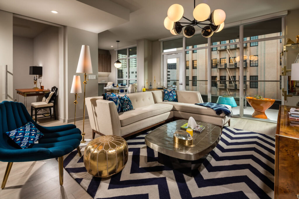 An living room area at 8th and Grand high rise aparments in DTLA