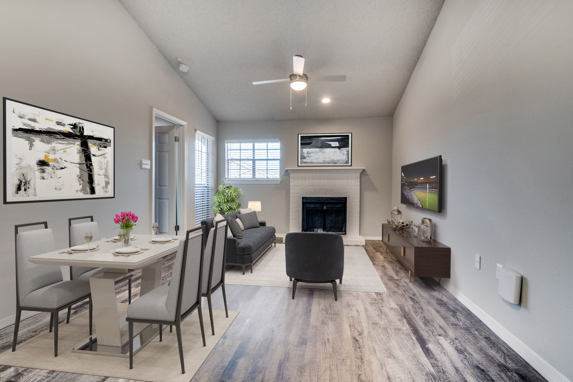 The living area in an apartment at The Arbors of Las Colinas near Dallas, Texas.