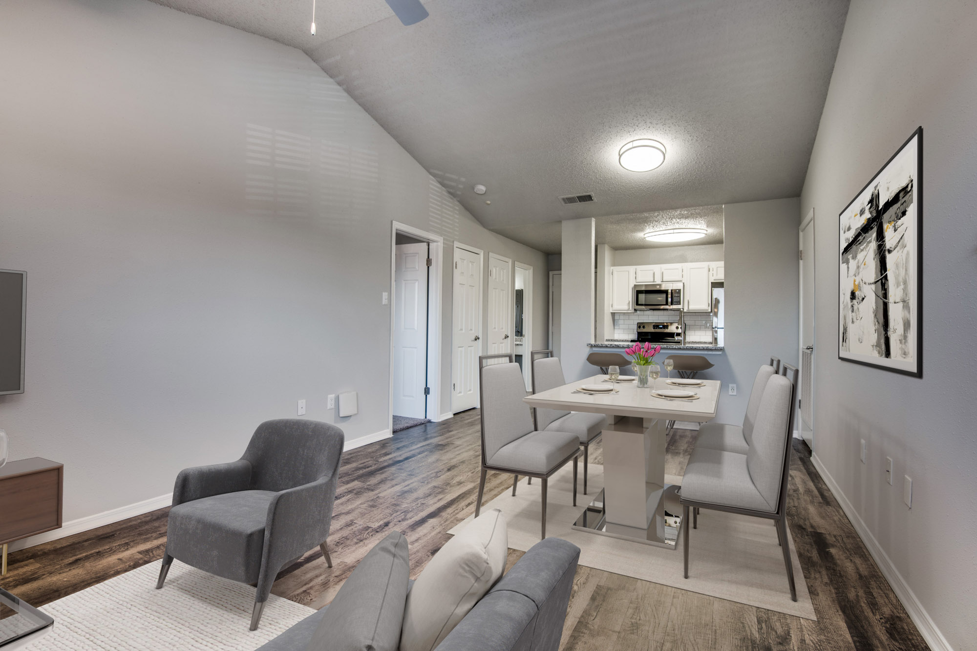 The living area in an apartment at The Arbors of Las Colinas near Dallas, Texas.