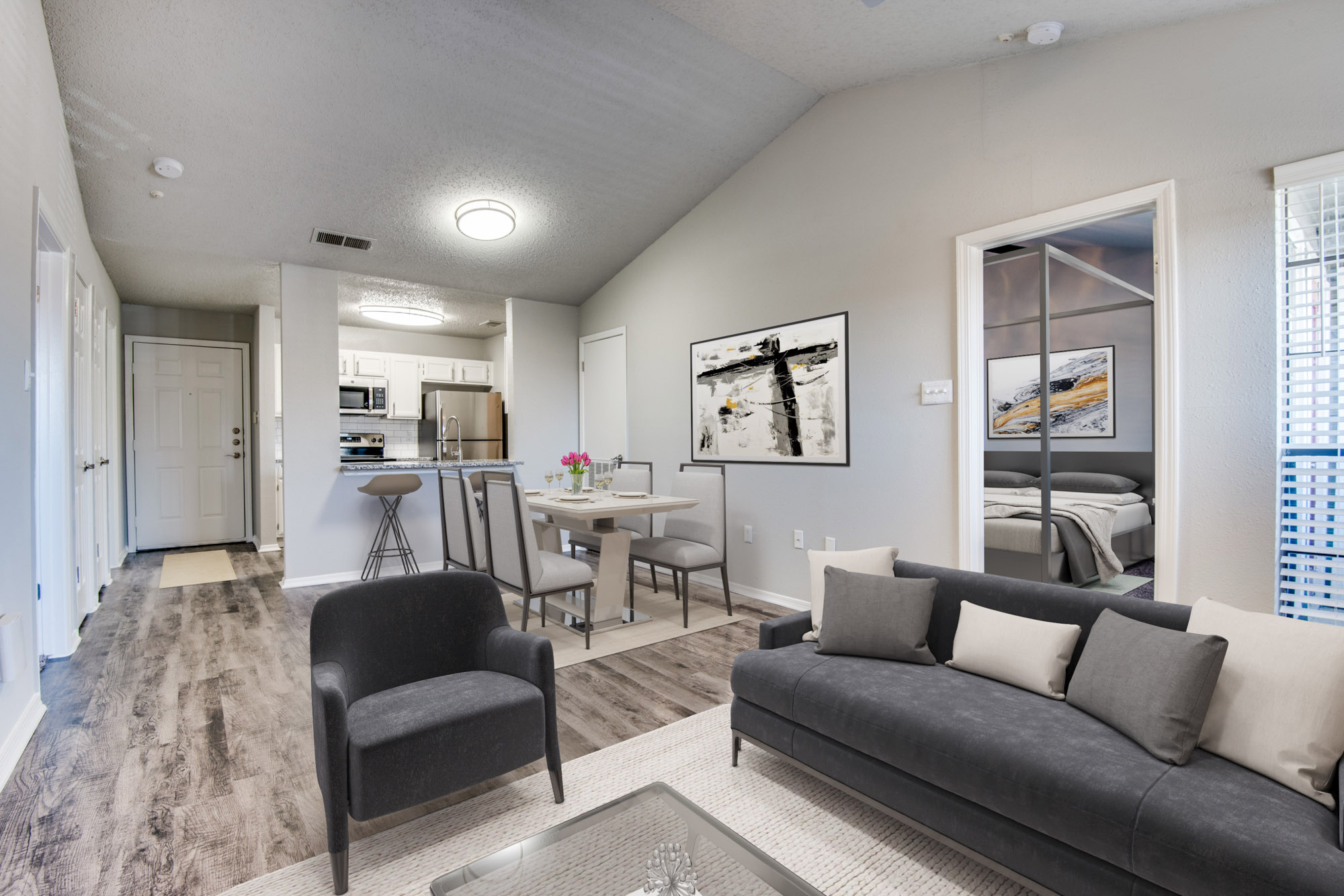 The living area in an apartment at The Arbors of Las Colinas in Irving, Texas.