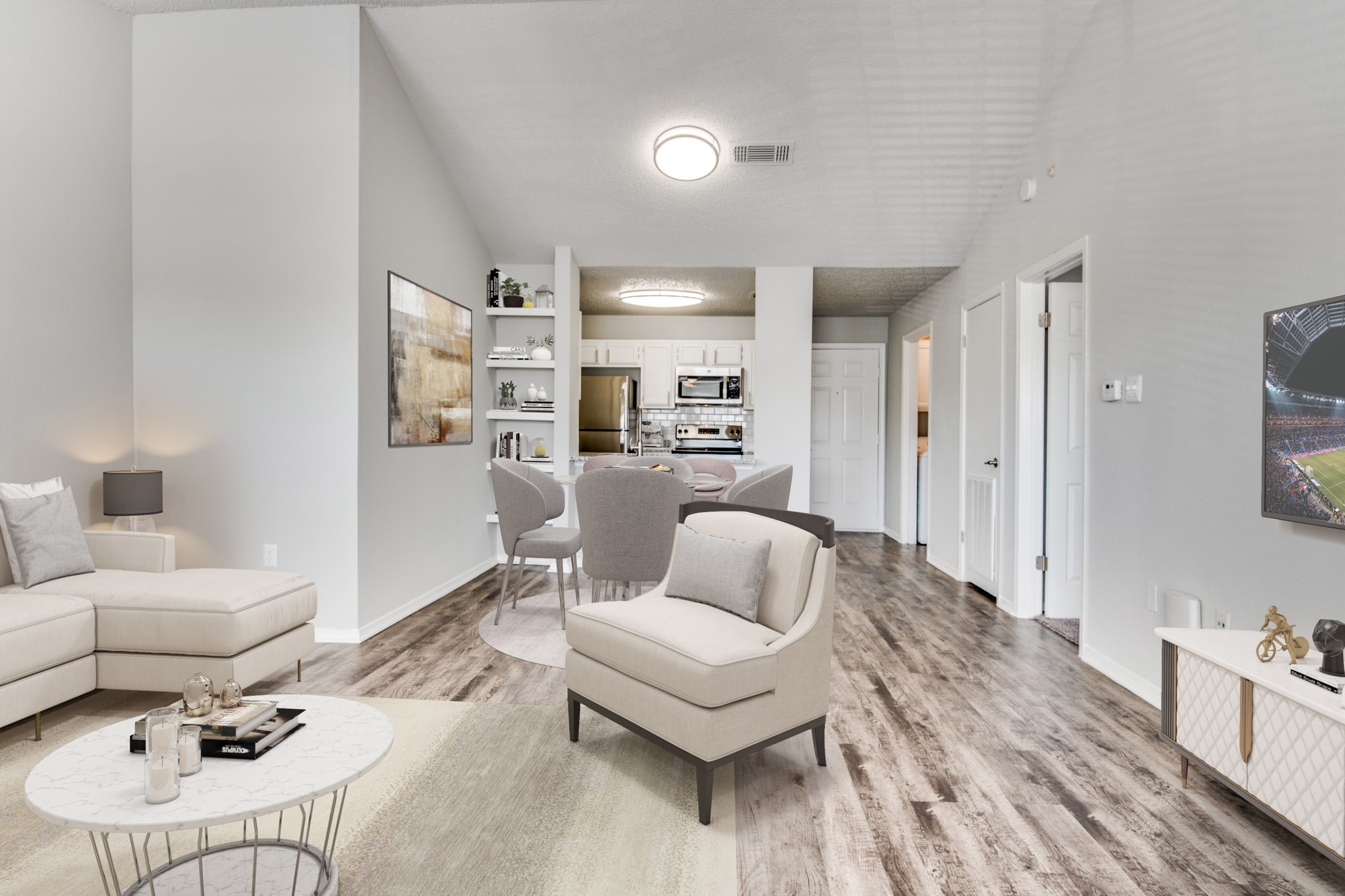 The living area in an apartment at The Arbors of Las Colinas near Dallas, Texas.