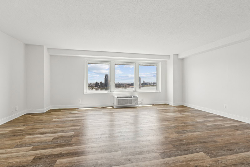 Newly renovated apartment with plank-style flooring, white frame windows with a city skyline view.