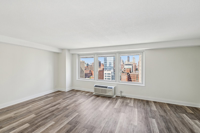 Newly renovated apartment with plank-style flooring, white frame windows with a city view.