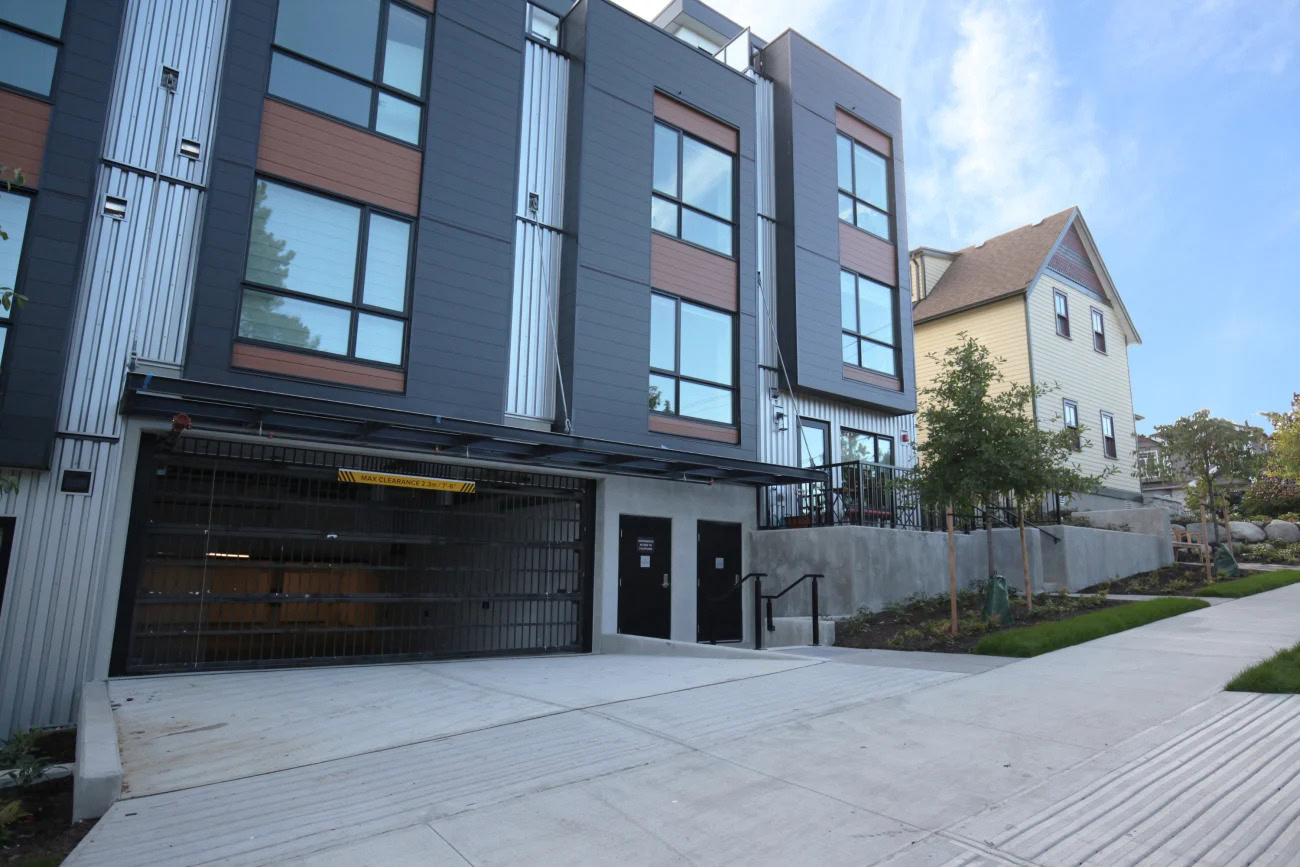 A garage entrance to the Hendry Place luxury apartments in Vancouver