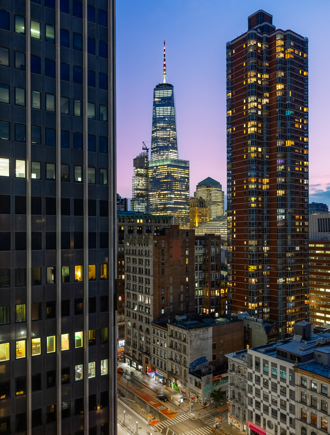 View of Tribeca at night from the rooftop of 111 Worth.