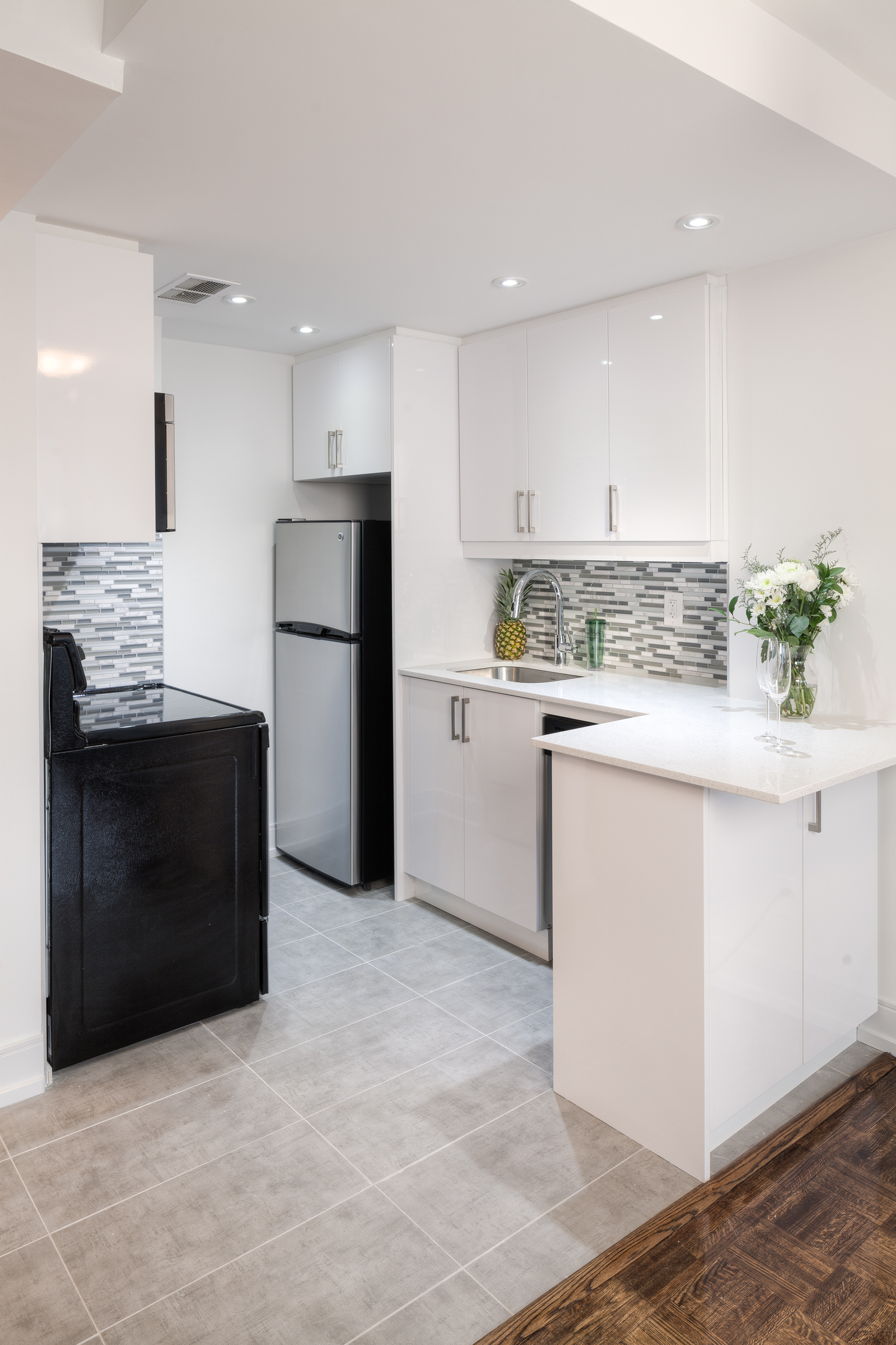 The kitchen of an apartment at Village Green in Toronto, Canada.