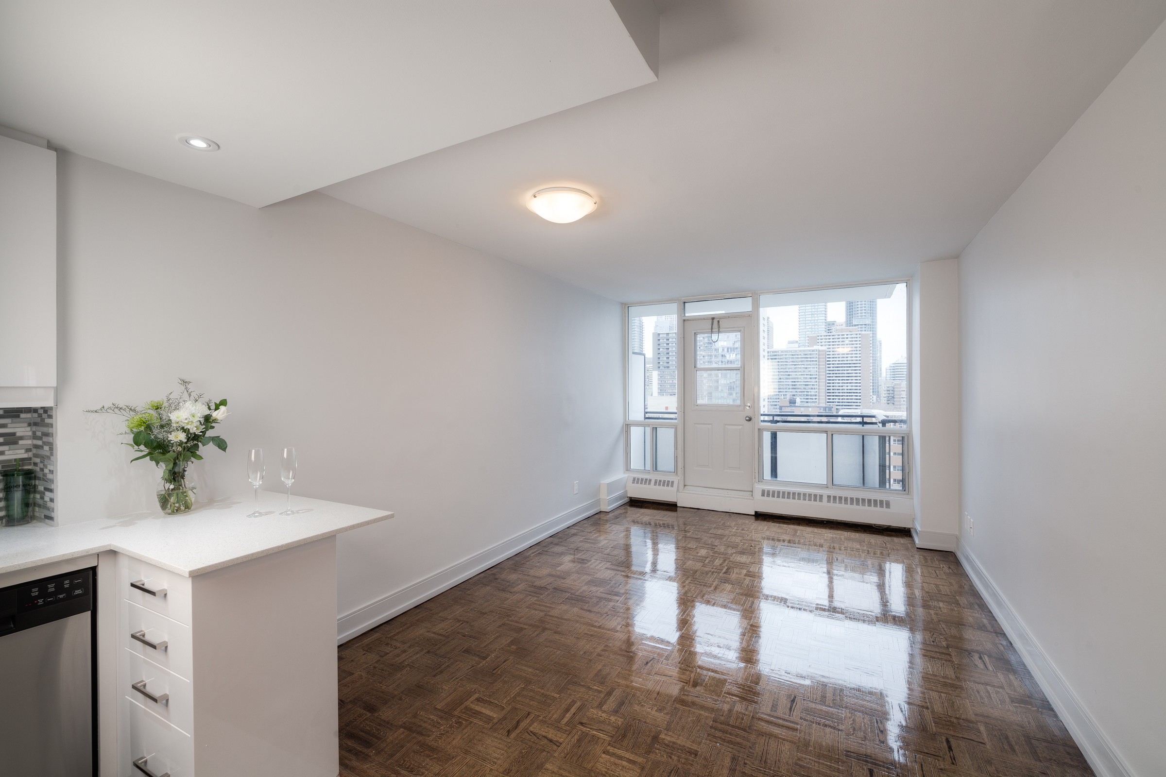 The living area of an apartment at Village Green in downtown Toronto.