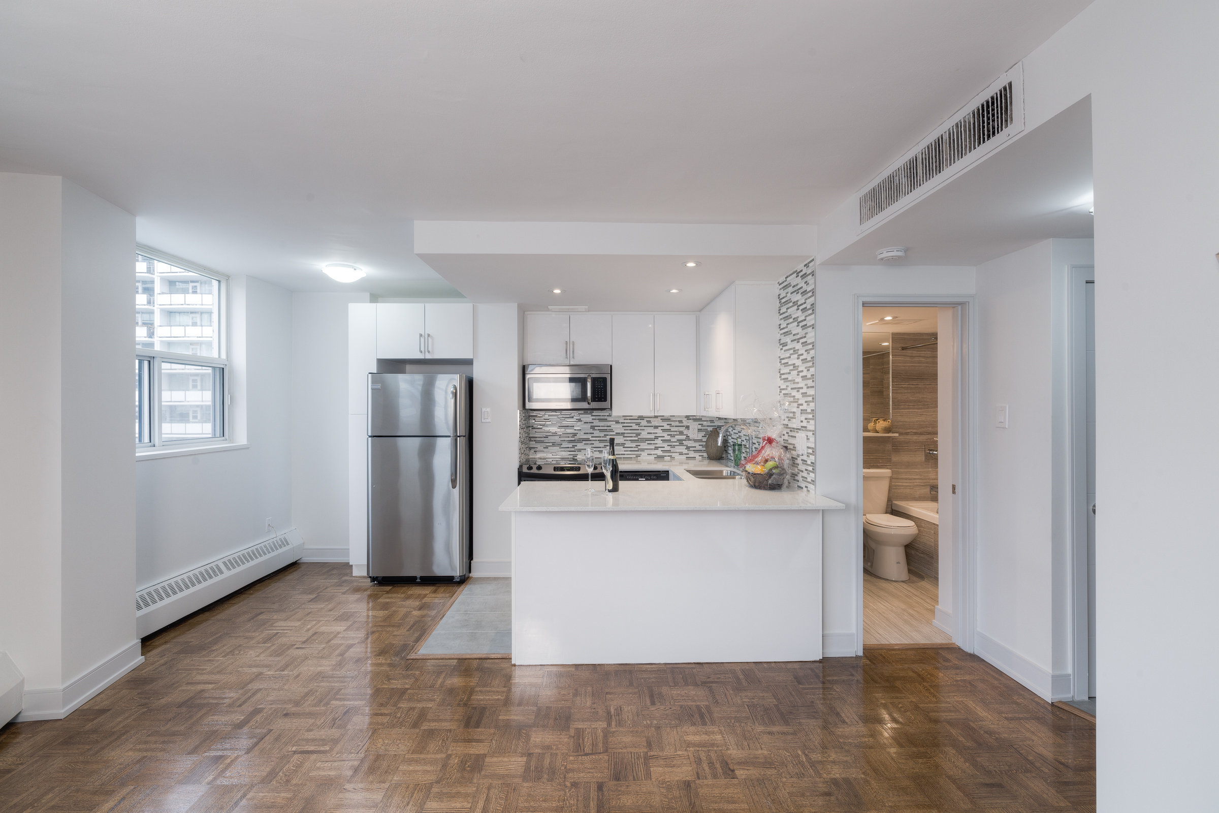 The living area of an apartment at Village Green in the heart of Church-Wellesley Village.