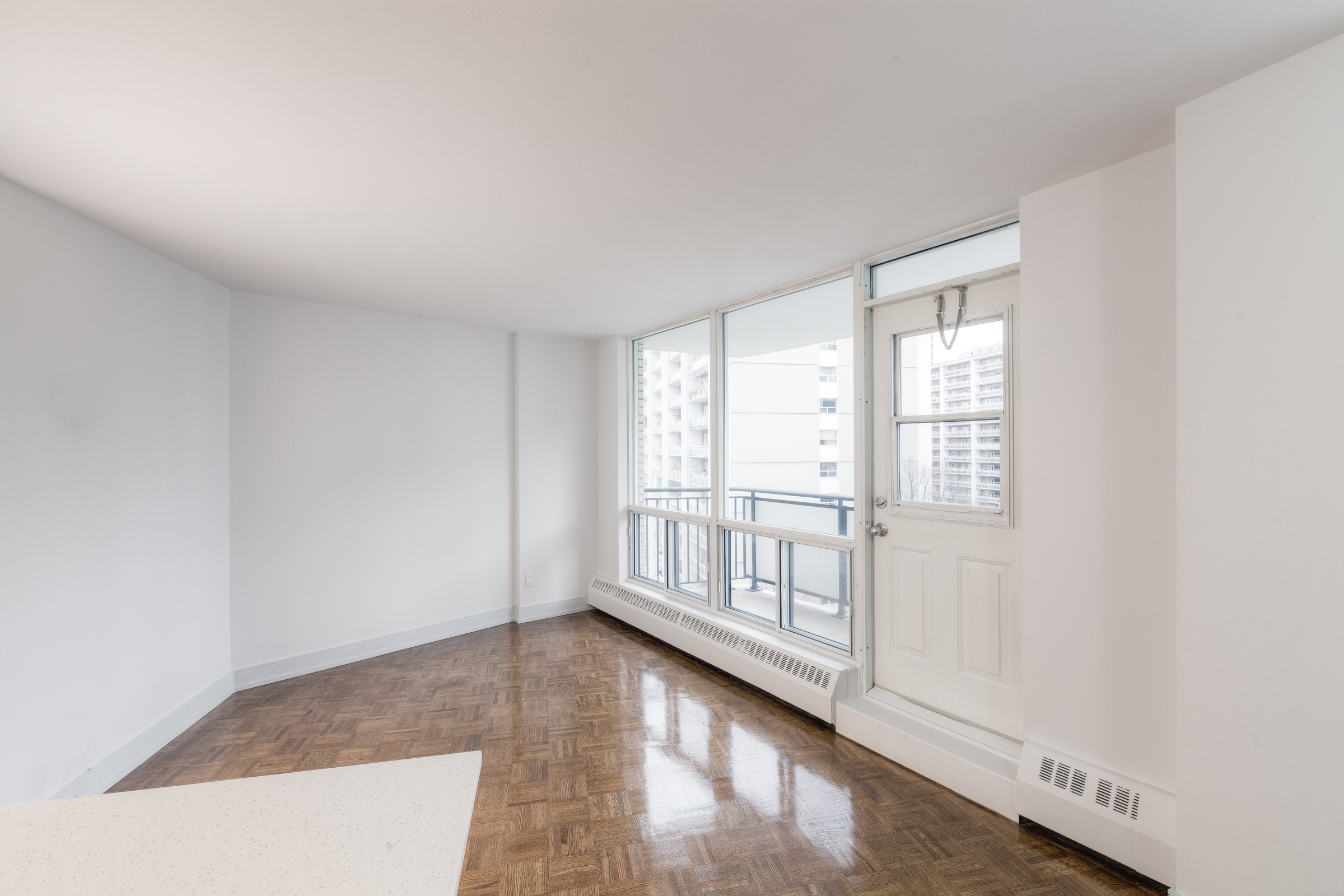 The living area of an apartment at Village Green in the heart of Church-Wellesley Village.