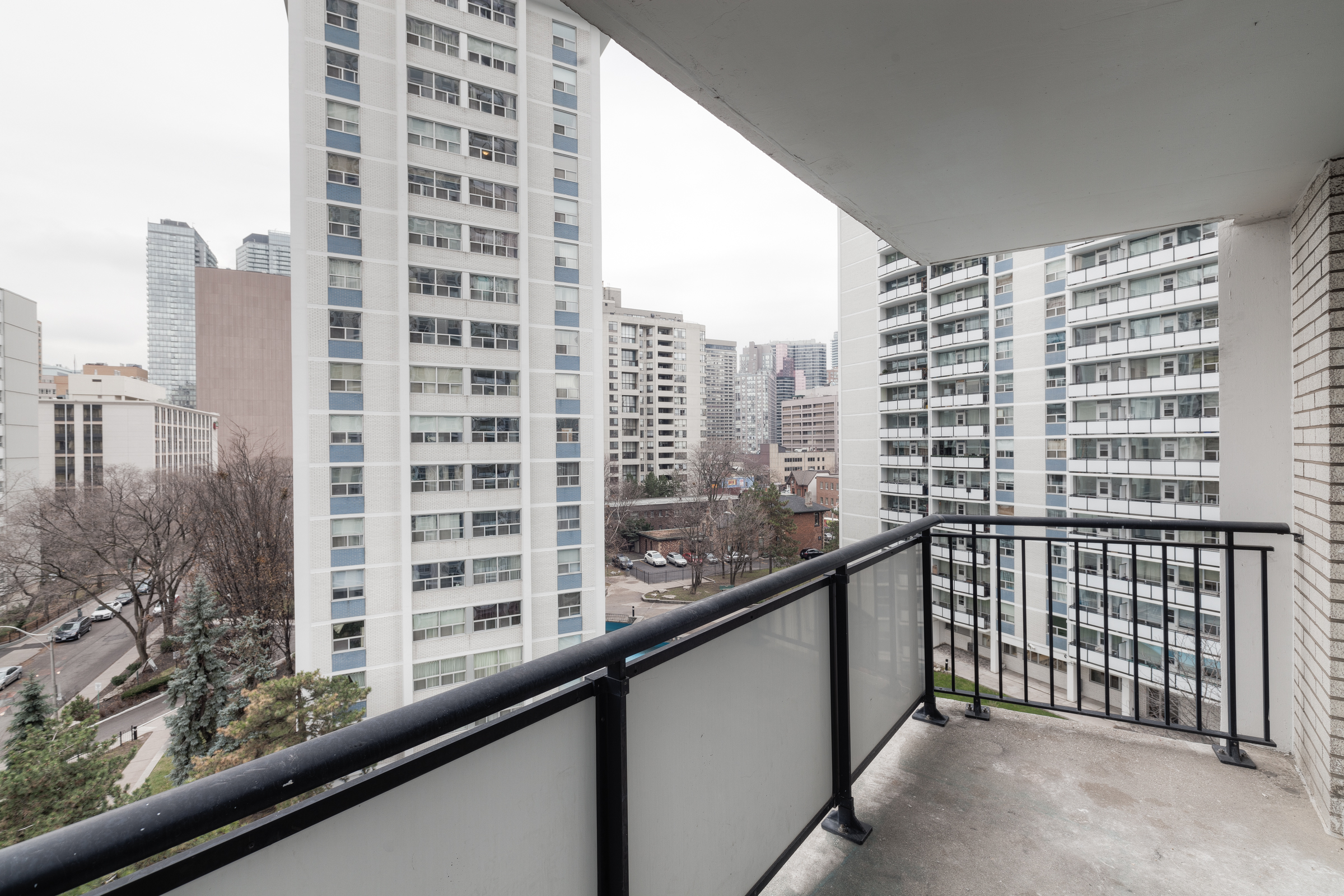 The balcony of an apartment at Village Green in the heart of downtown Toronto.