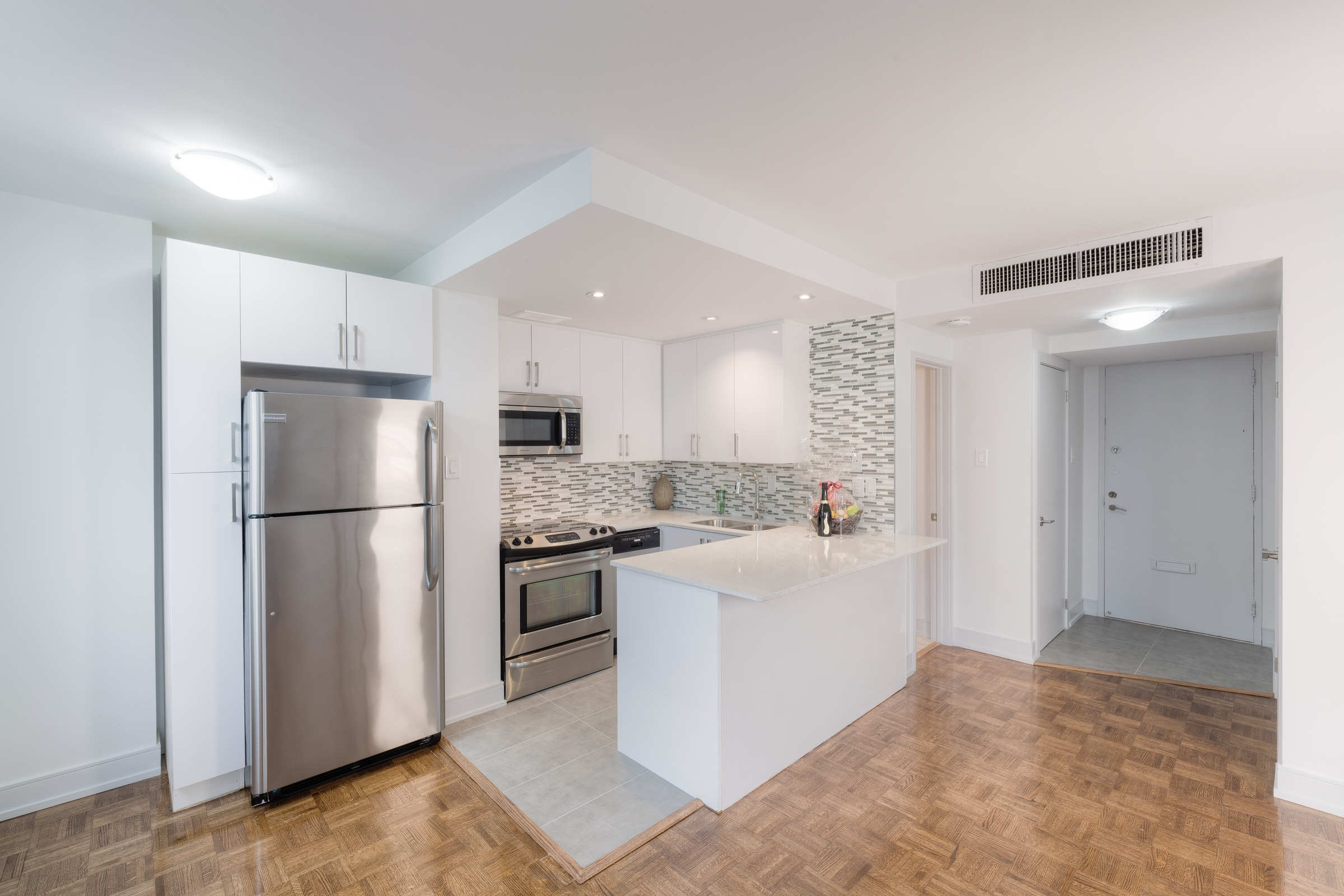 The kitchen of an apartment at Village Green in Toronto, Canada.