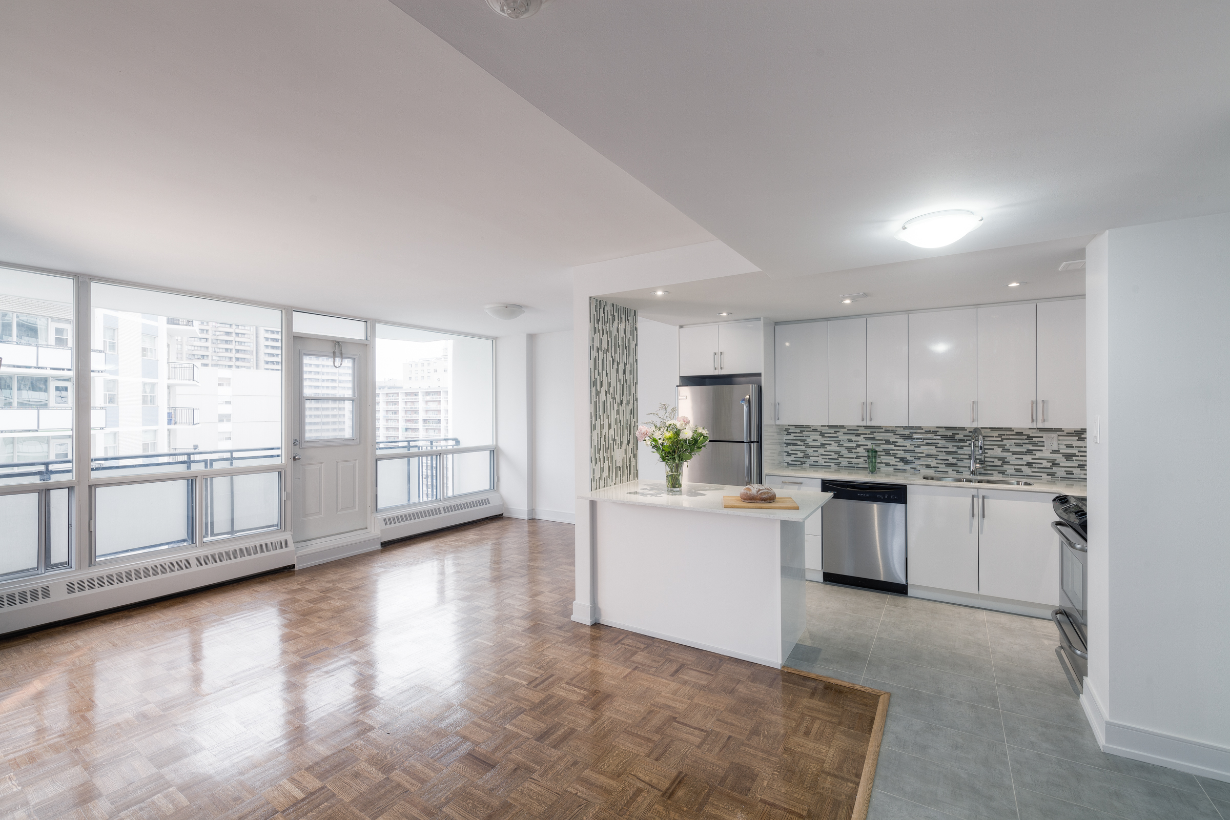 The living area of an apartment at Village Green in the heart of Church-Wellesley Village.