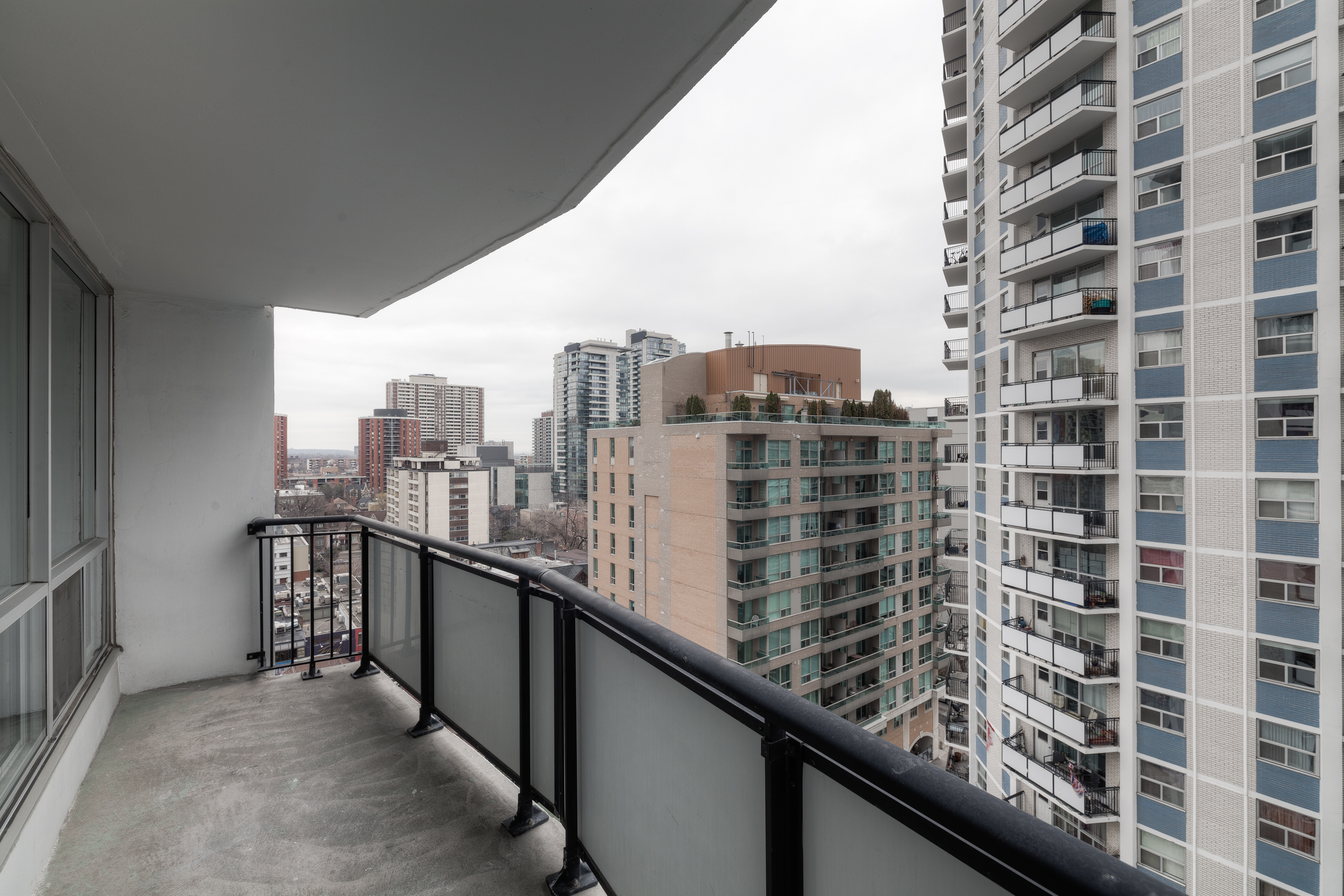 The balcony of an apartment at Village Green in the heart of Church-Wellesley Village.