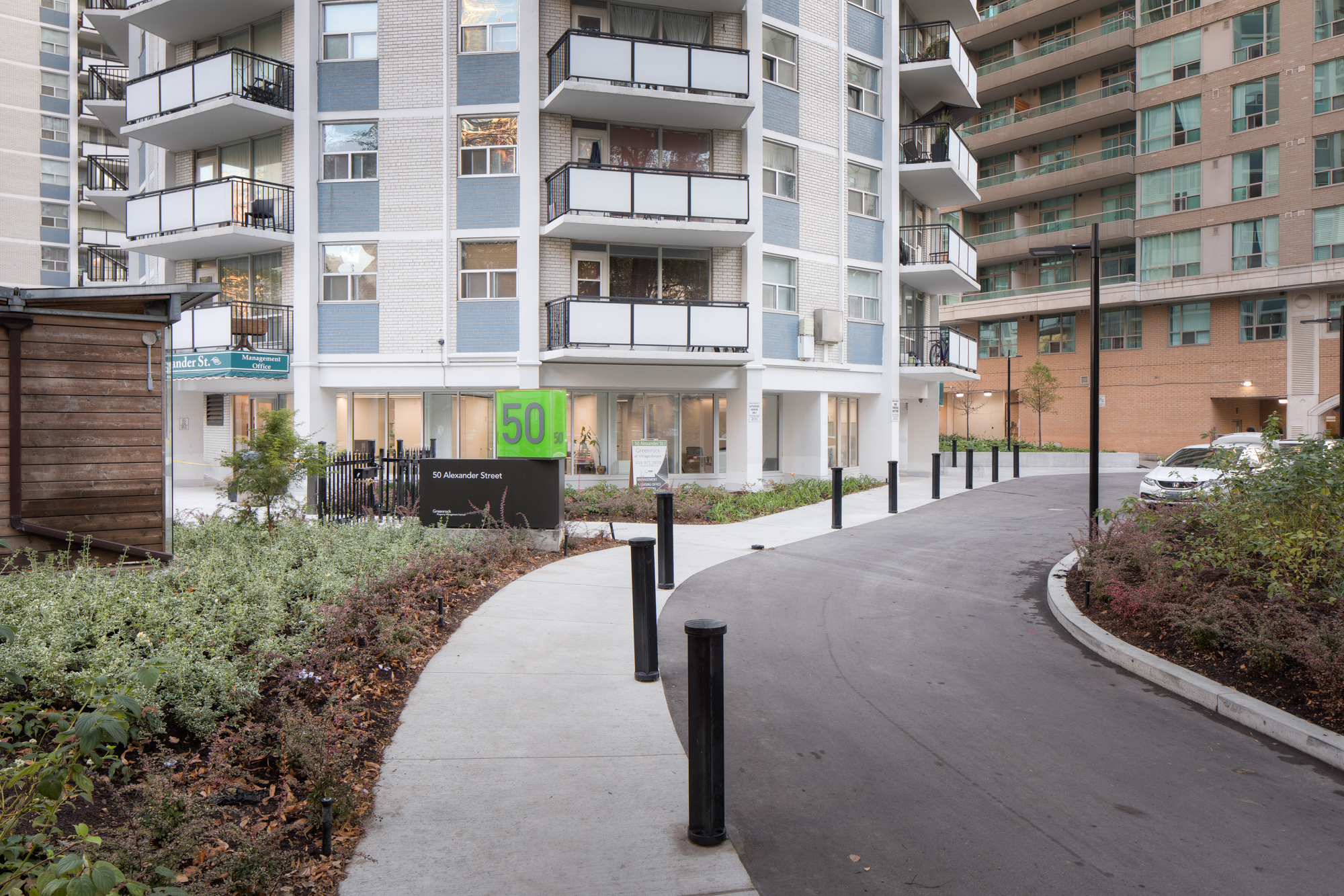 The entrance at Village Green apartments in Toronto.