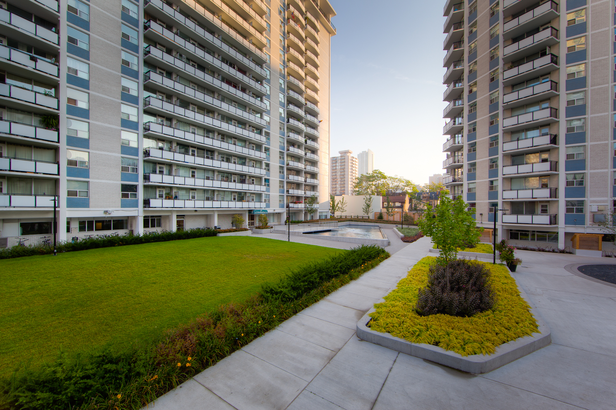 The private green space at Village Green apartments in Toronto.