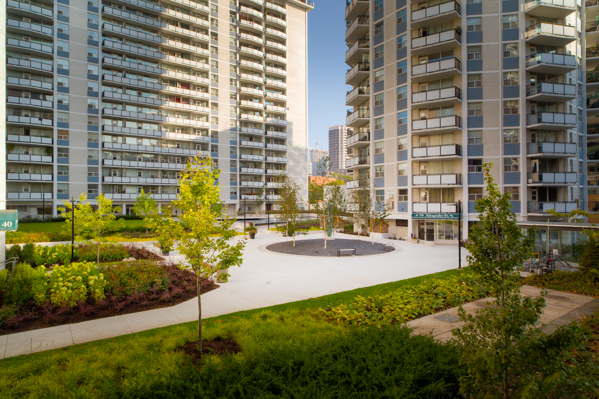 The private green space at Village Green apartments in Church-Wellesley Village.