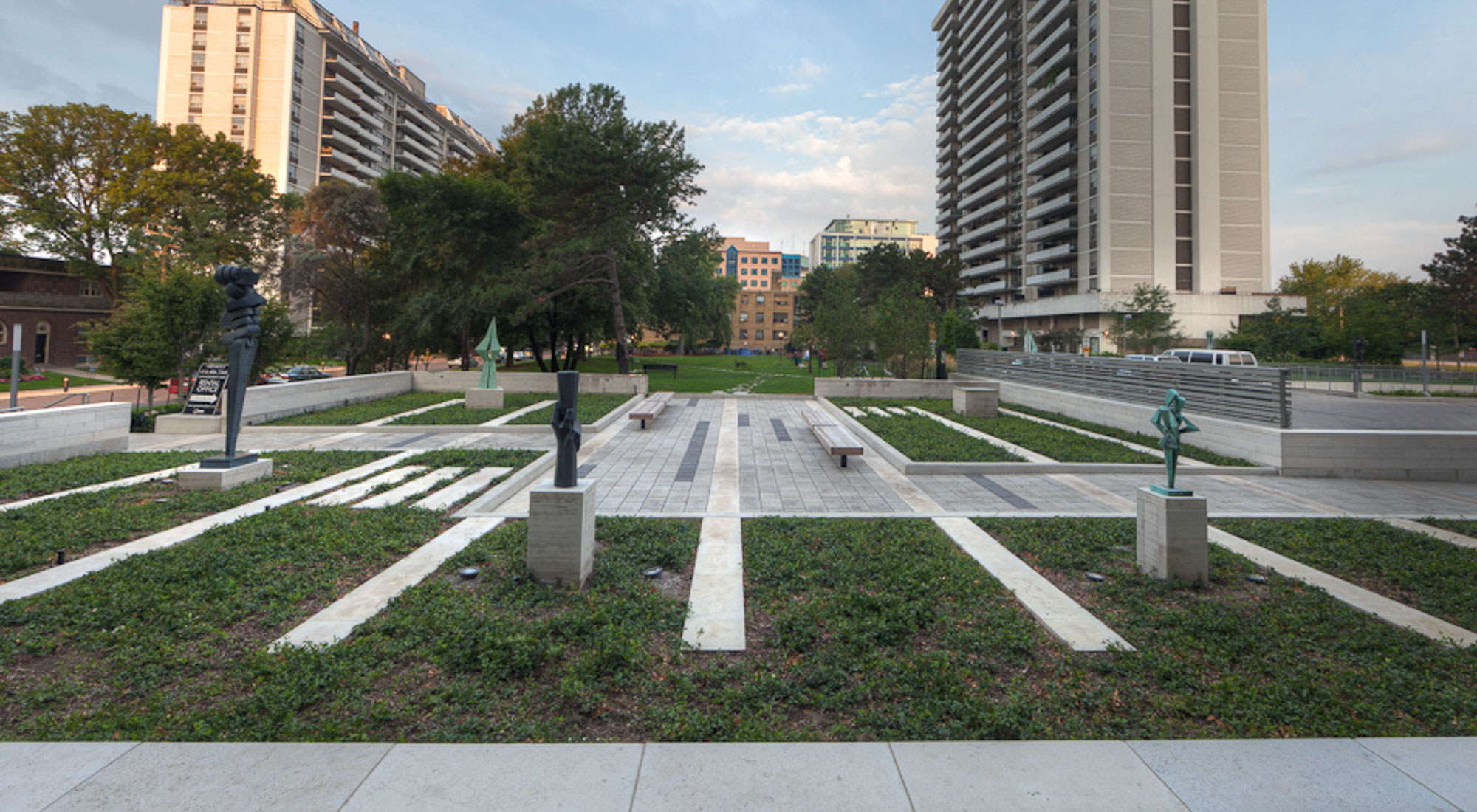 The sculpture garden at 77 Davisville Ave apartments in Toronto, CA.