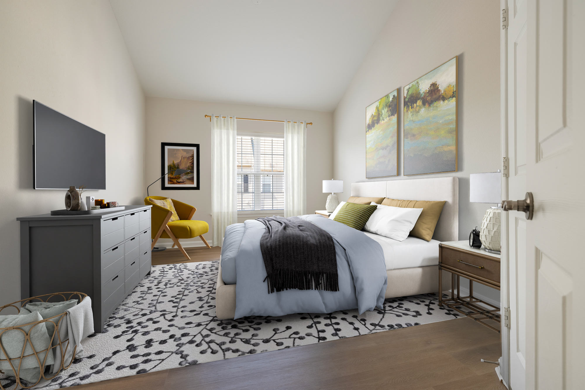 Elegant bedroom at Cameron Court with large windows providing plenty of natural light