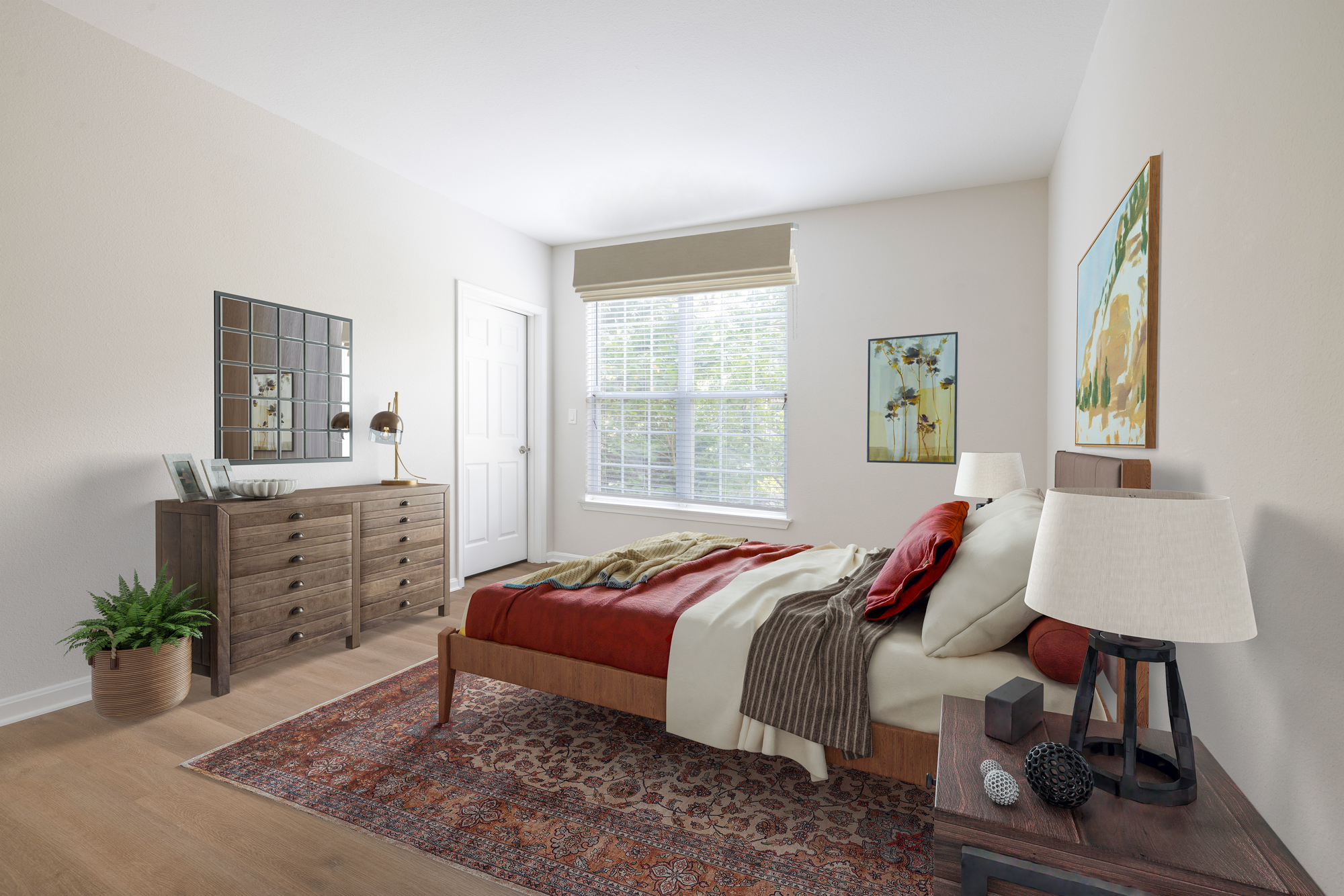 Bright and spacious bedroom with contemporary furnishings.