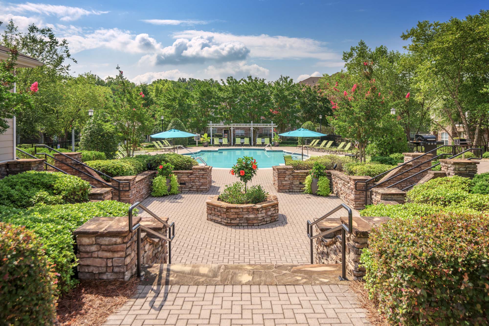 The outdoor amenity spaces at Courtney Ridge apartments in Charlotte, NC.