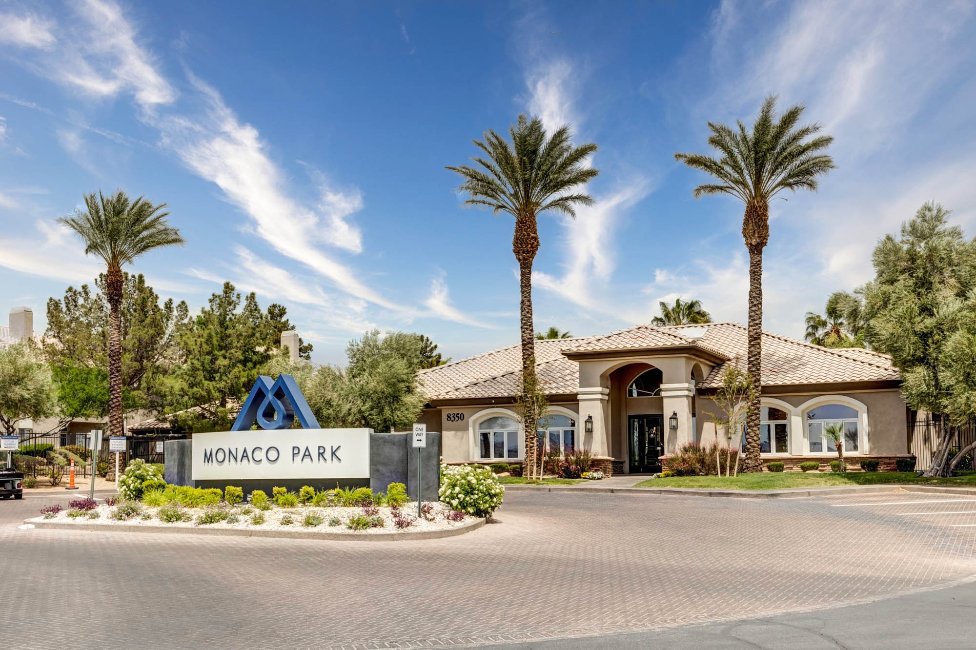 The exterior sign at Monaco Park apartments in Spring Valley Las Vegas.