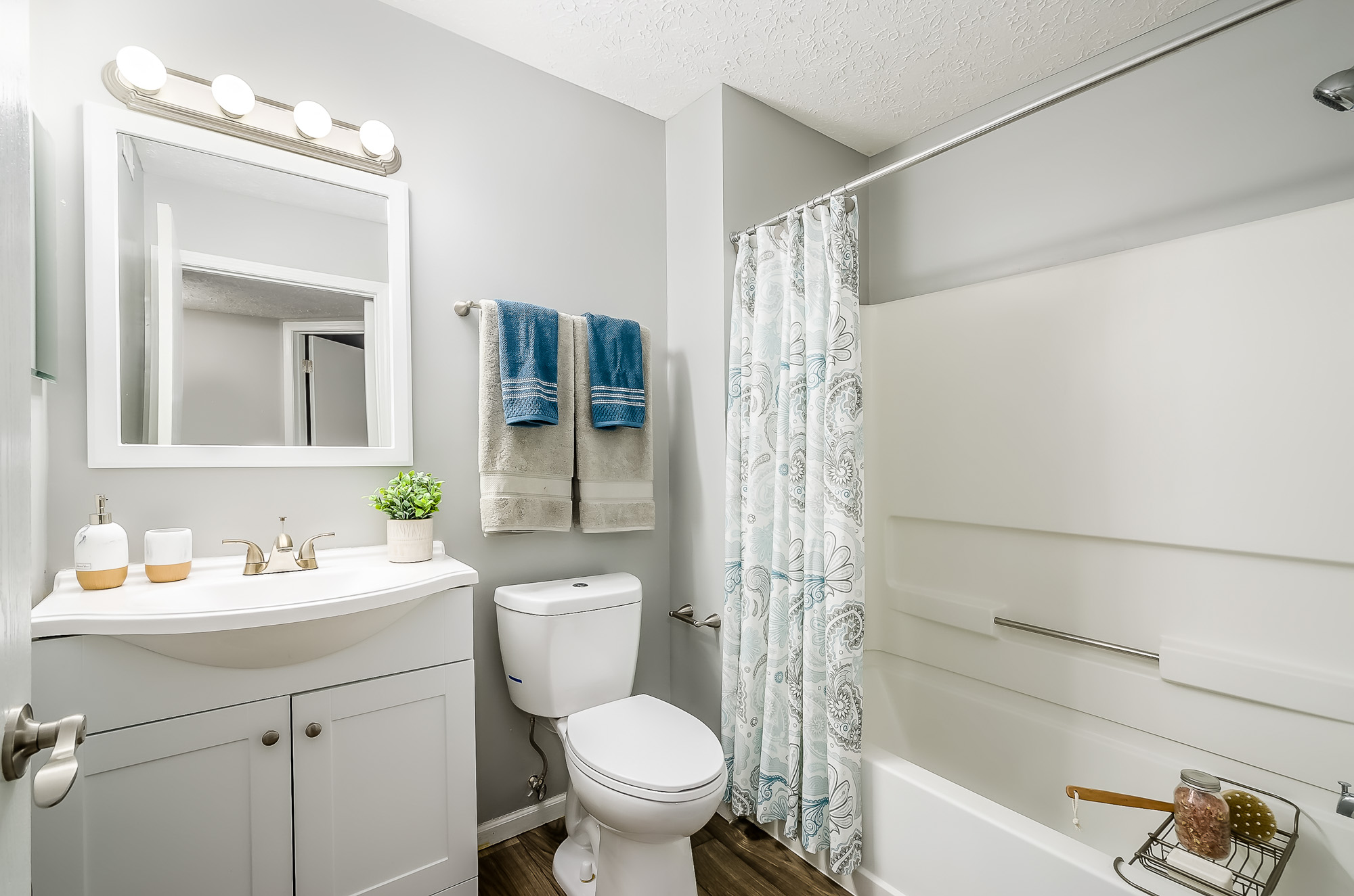 The bathroom in an apartment at The Gardens in Columbus, OH.