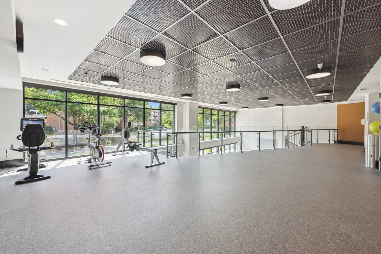 Yoga studio on the upper level of the fitness center.