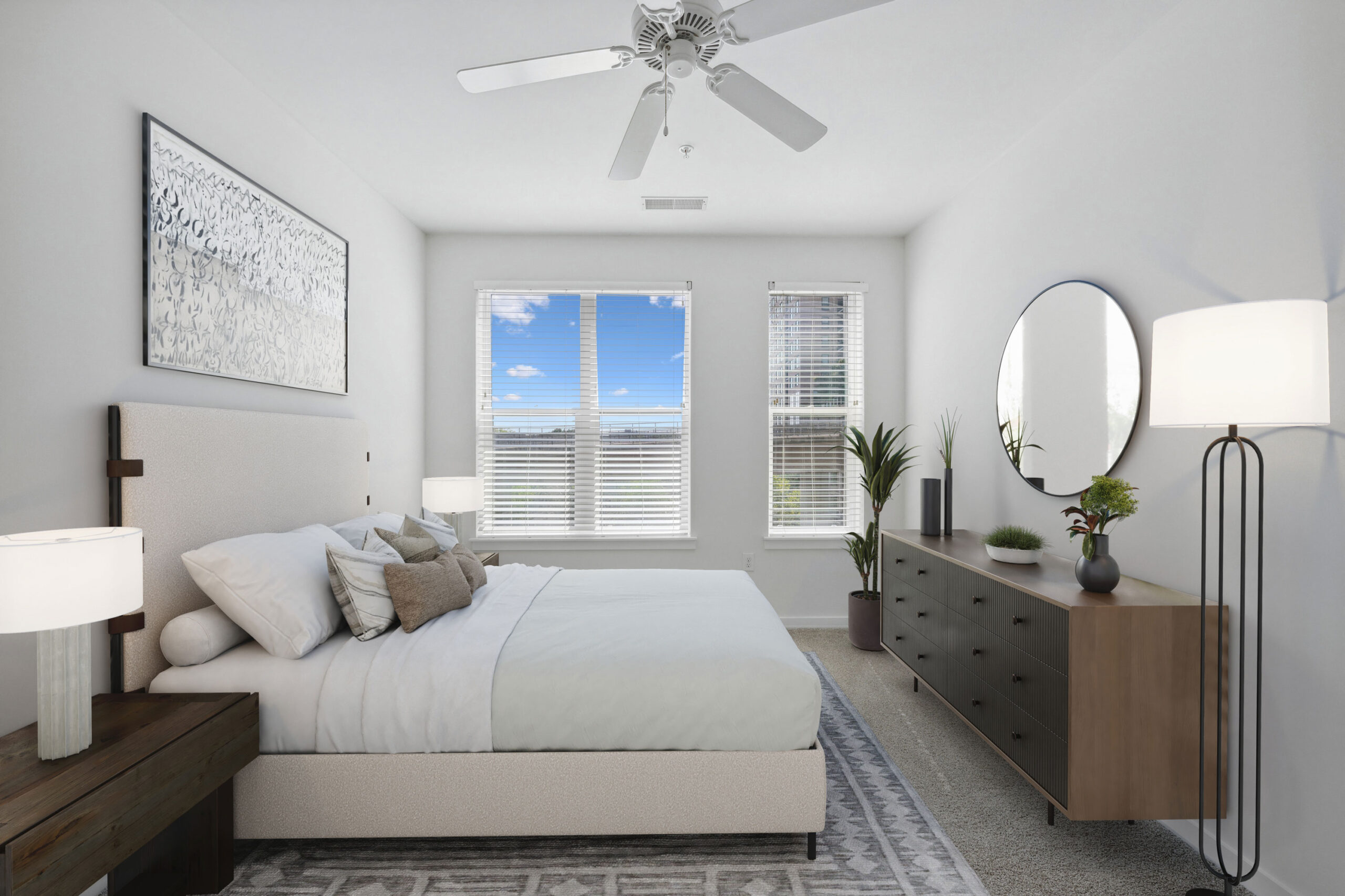 Spacious bedroom with expansive windows.