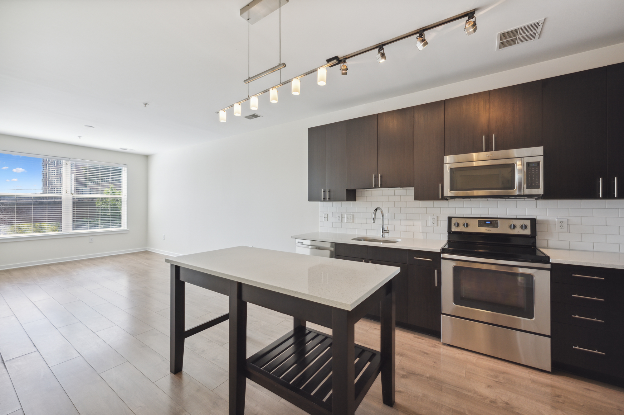 Full-height cabinetry and quartz kitchen countertops, hardwood flooring and expansive windows.