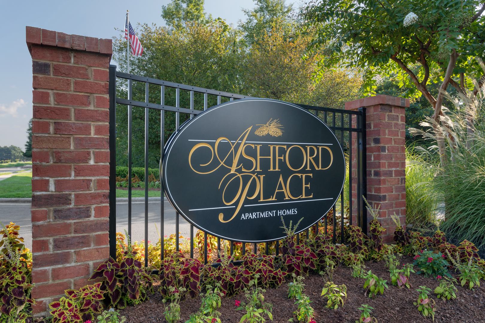 The entrance sign of the Ashford Place apartments in South Charlotte