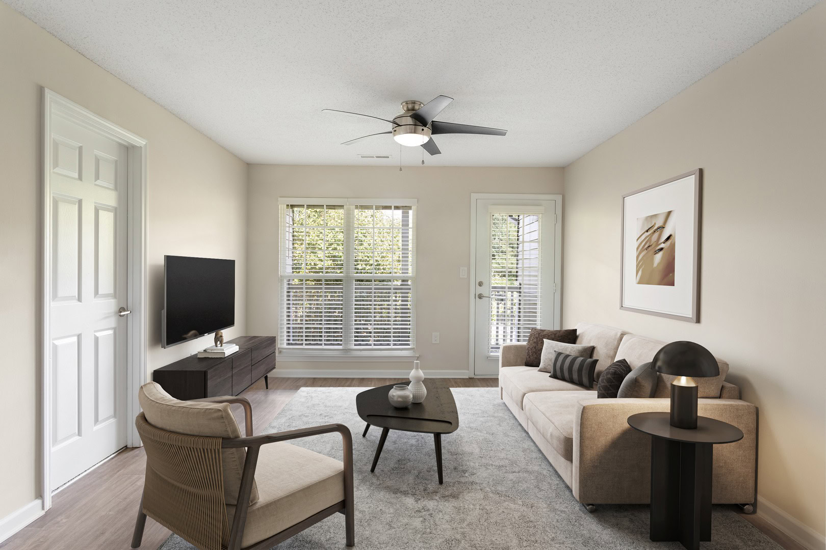 A living room in an apartment at the Ashford Place apartments in South Charlotte