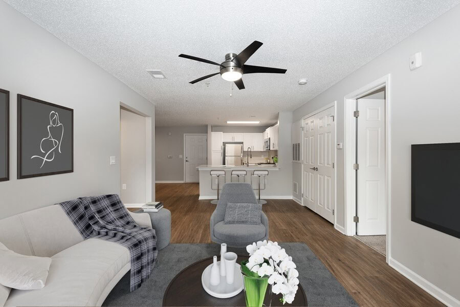 A living room in an apartment at the Ashford Place apartments in South Charlotte
