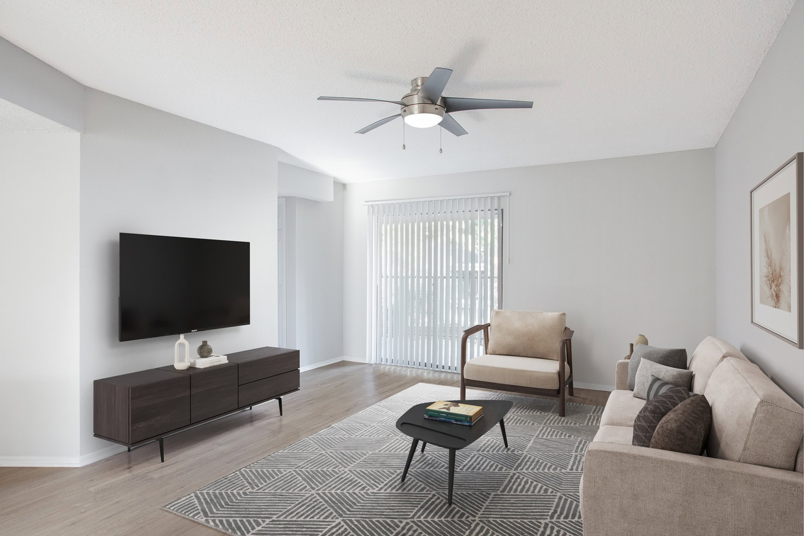 A living room in an apartment at Beacon Hill apartments at the south end of Charlotte, NC
