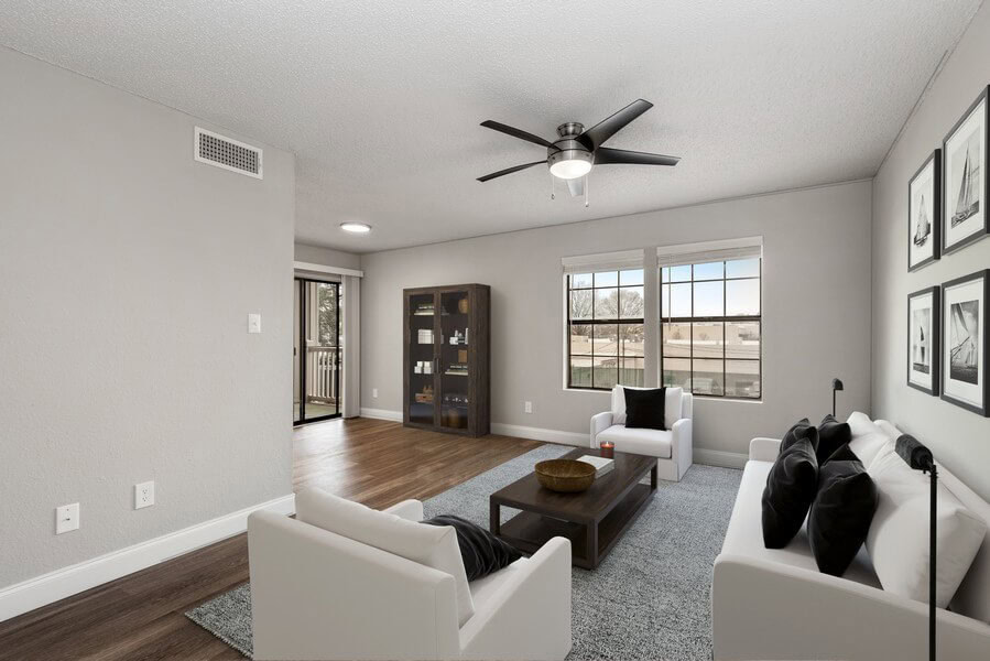 A living room in an apartment at Beacon Hill apartments at the south end of Charlotte, NC