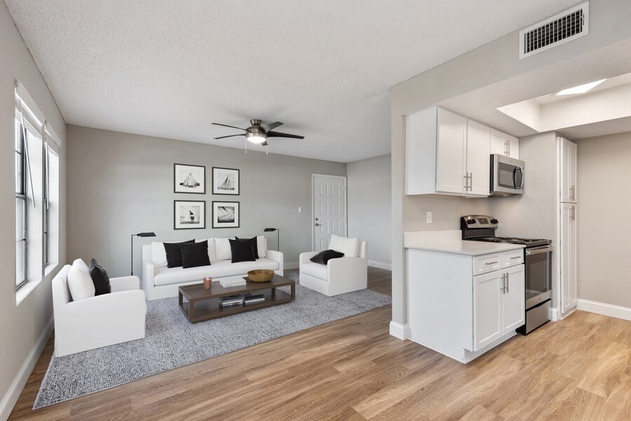 A spacious dining and living room in an apartment at Beacon Hill apartments at the south end of Charlotte, NC