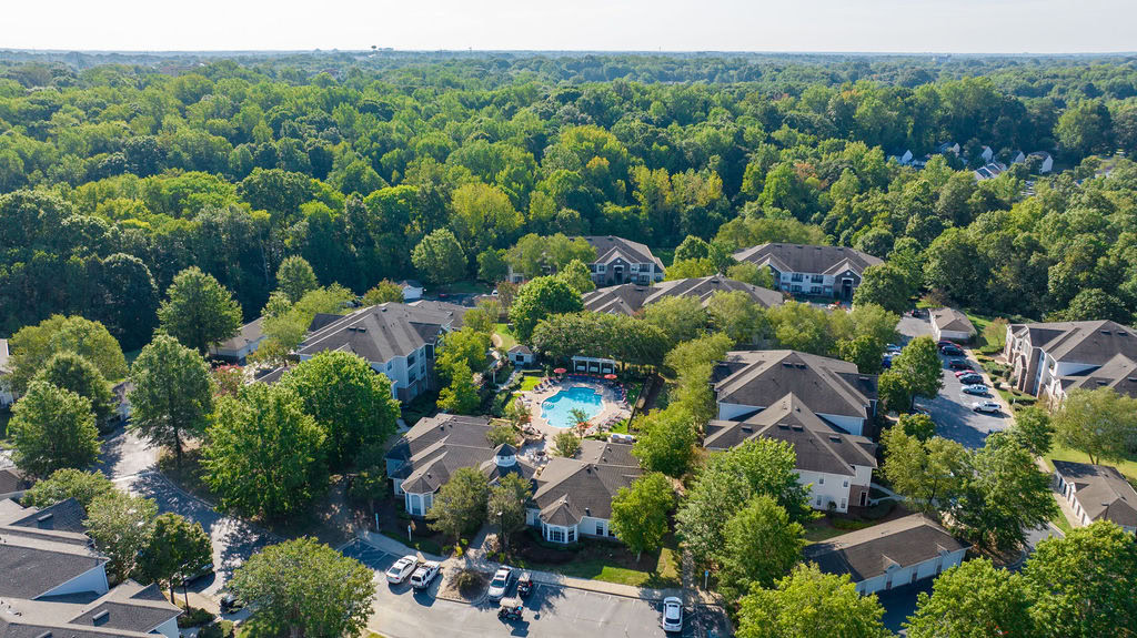 An aerial view of the pool area at the Courtney Ridge apartments in Charlotte, NC