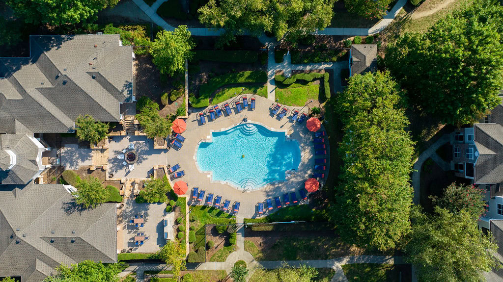 An aerial view of the pool area at the Courtney Ridge apartments in Charlotte, NC