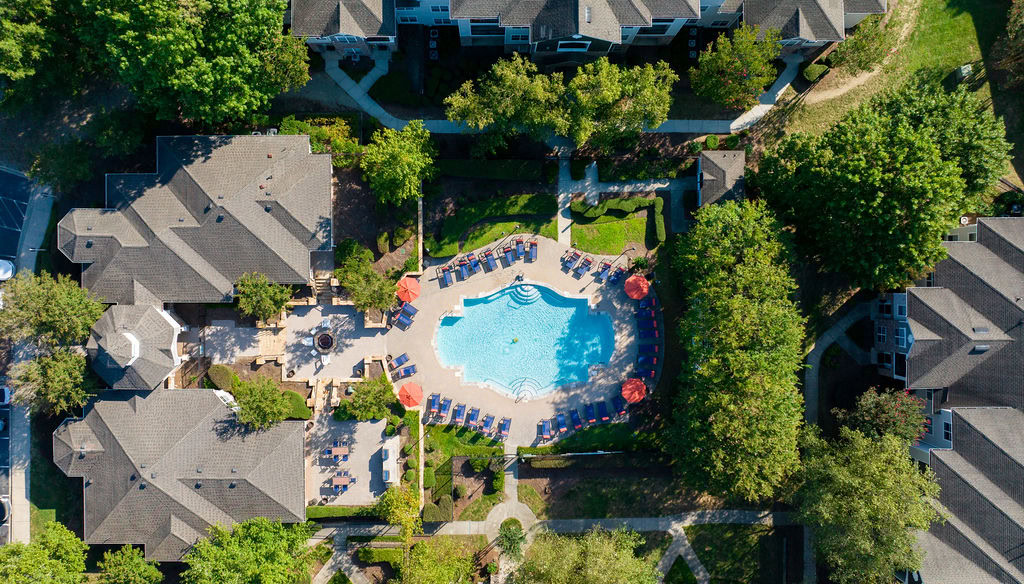 An aerial view of the pool area at the Courtney Ridge apartments in Charlotte, NC