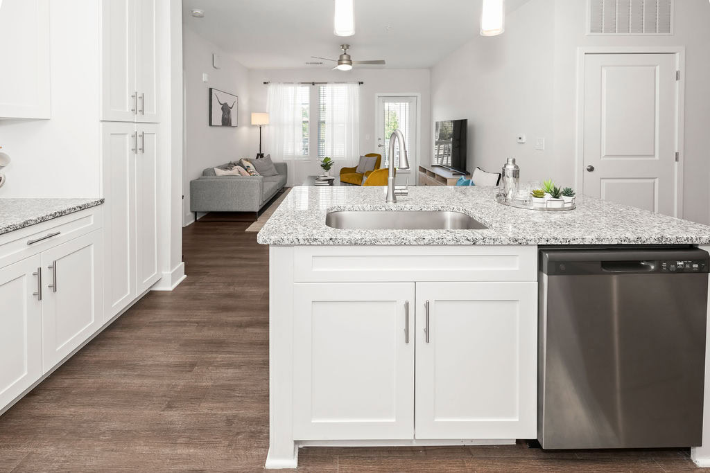 A kitchen in an apartment at the Courtney Ridge apartments in Charlotte, NC