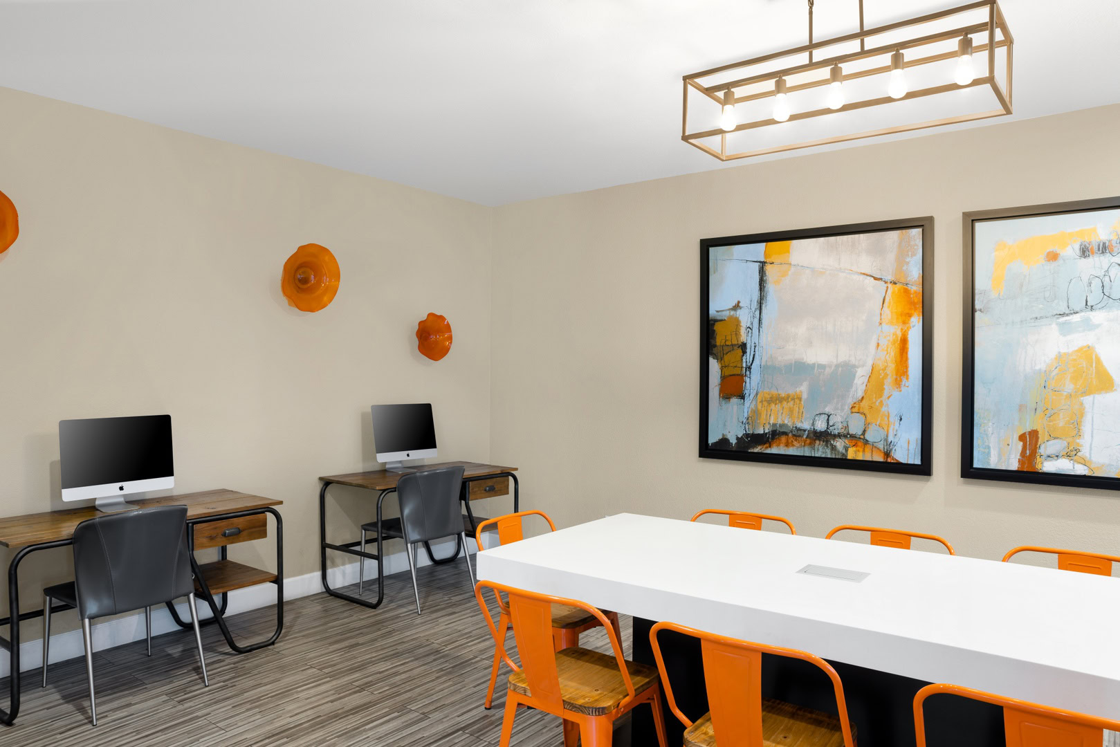 A coworking desk and two computer stations at the Xander 3900 apartments in Northwest Las Vegas
