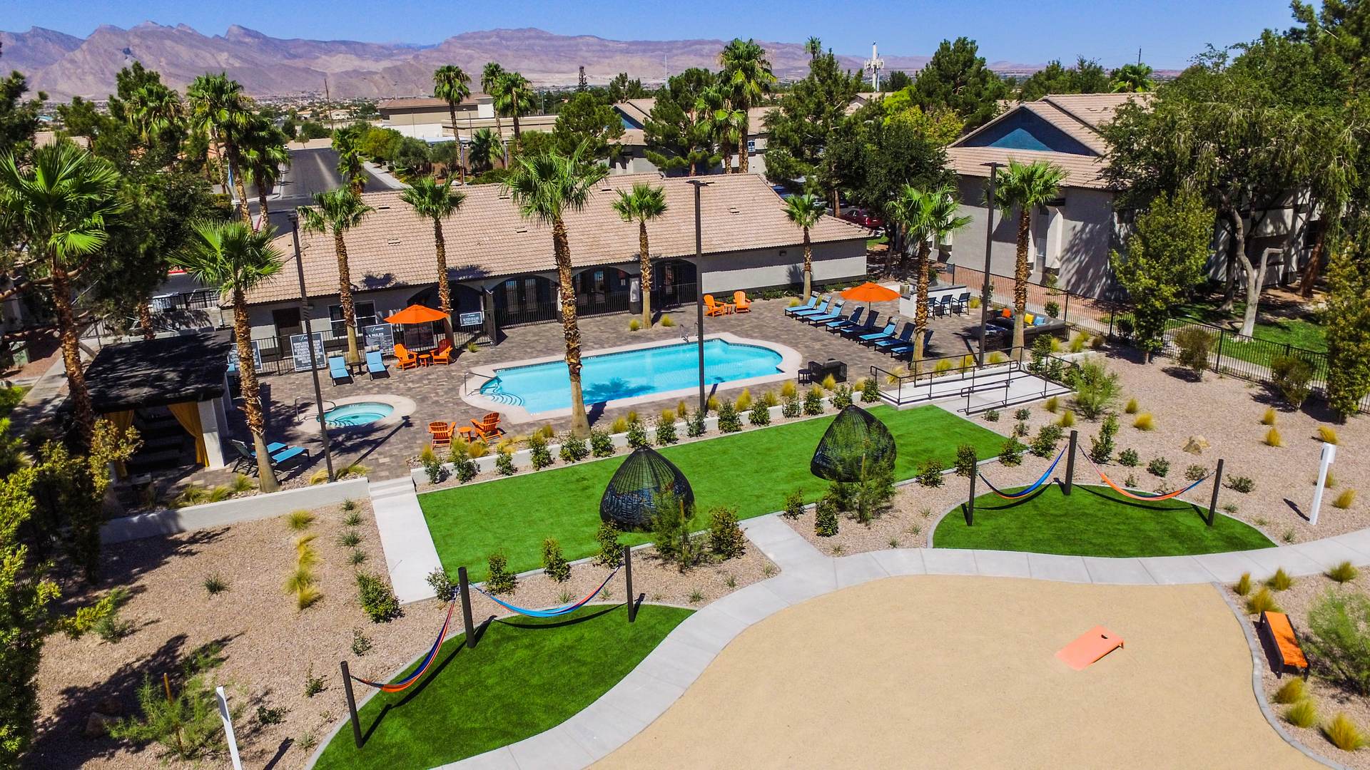 An aerial view of the Xander 3900 apartments pool, and gardens in northwest Las Vegas