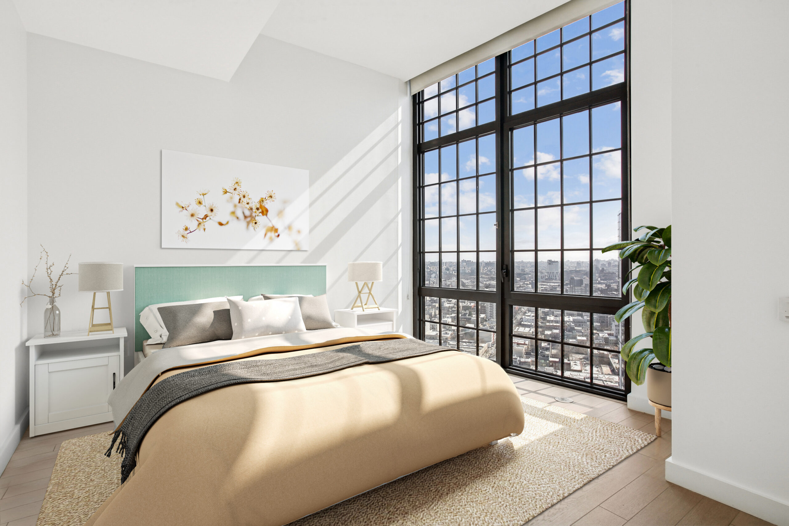 Bedroom with generous floor-to-ceiling windows with city views and wood flooring